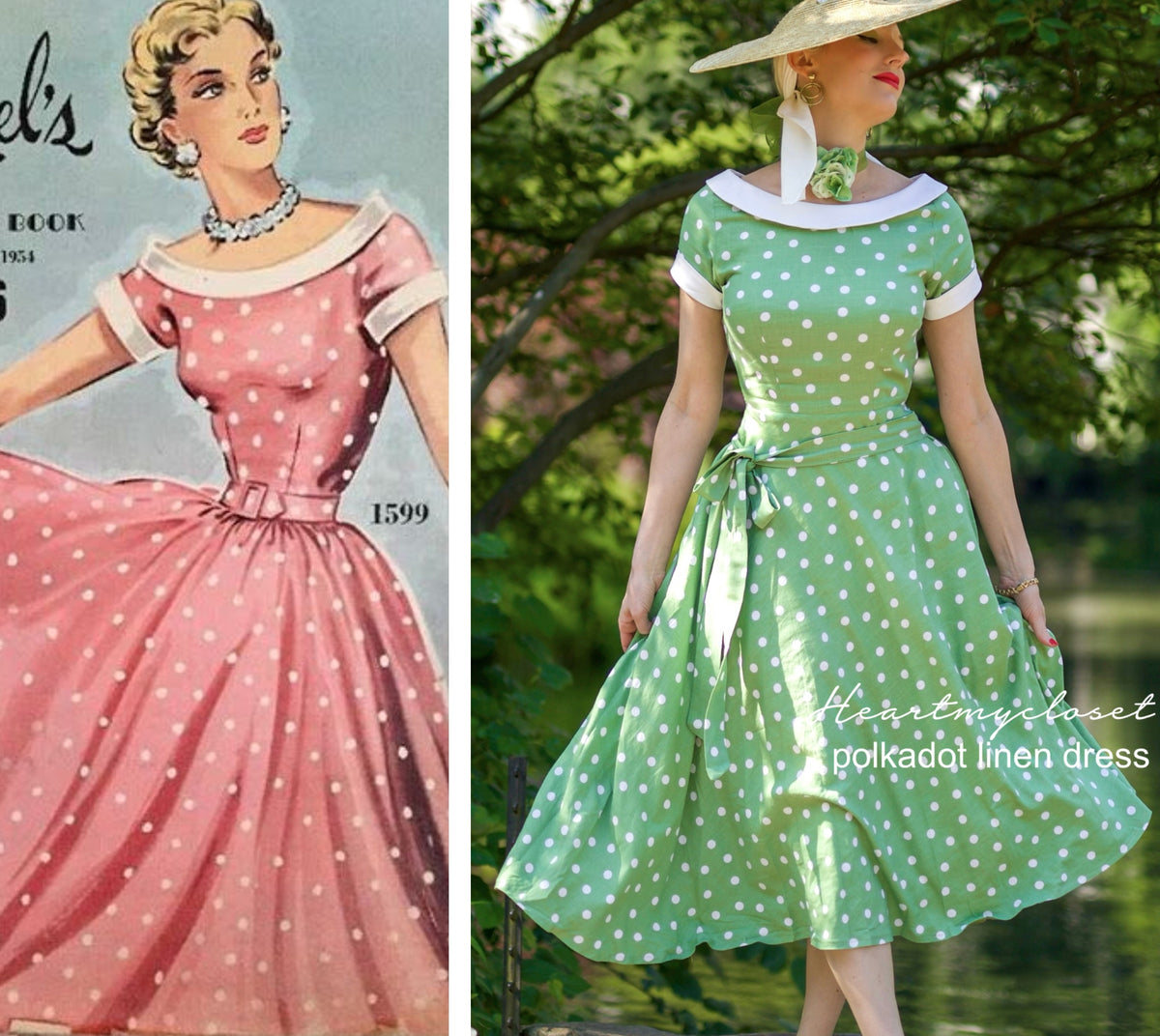 Polkadot green linen swing dress 1950s inspired - heartmycloset