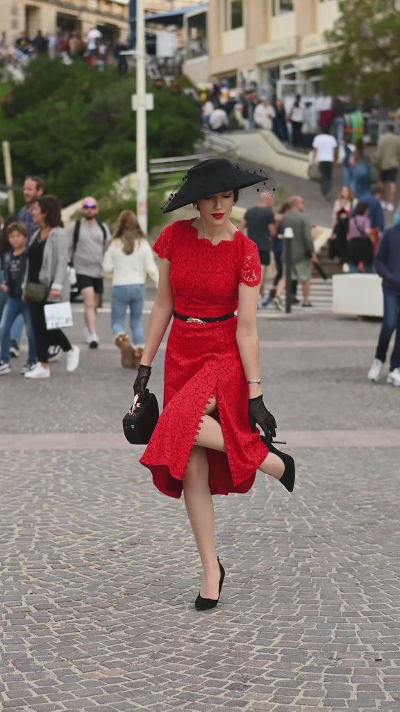 Abigail- red lace dress with pearl buttons (no belt)