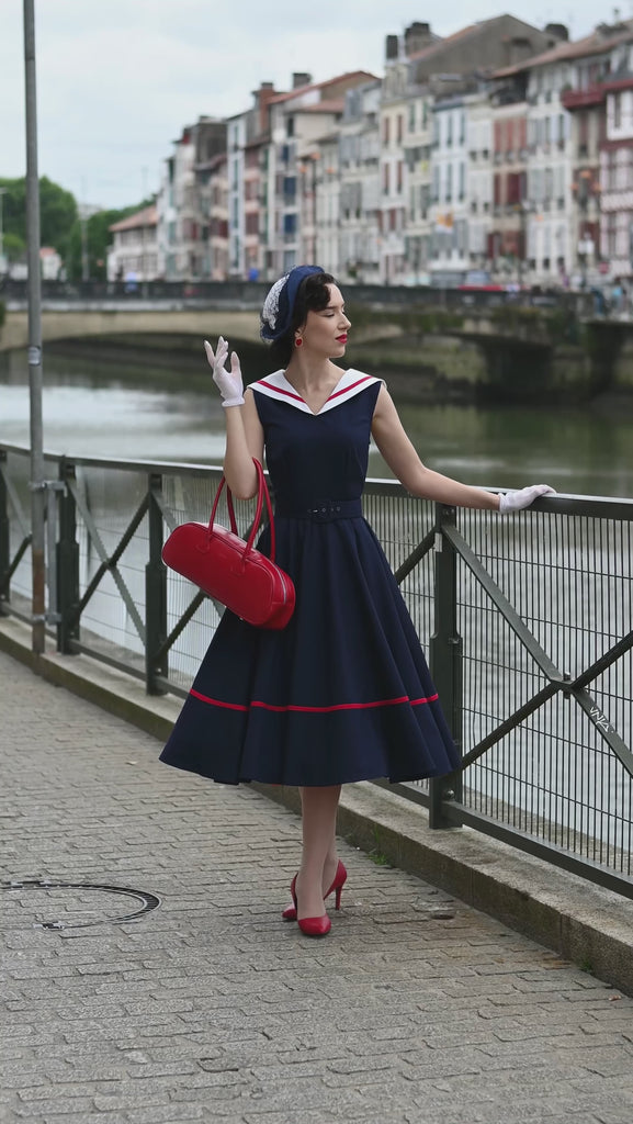 Sailor navy swing dress - 1950s inspired vintage