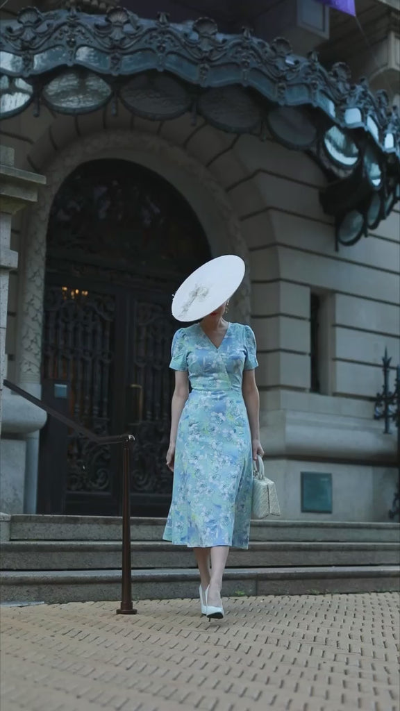 Blue floral linen casual Aline dress