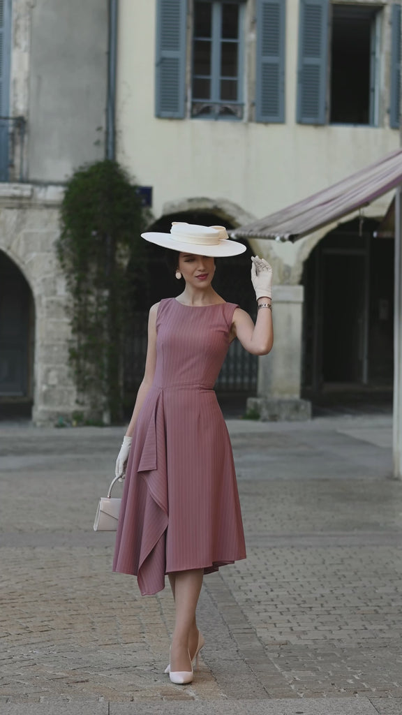pinstripe mauve - draped front dress