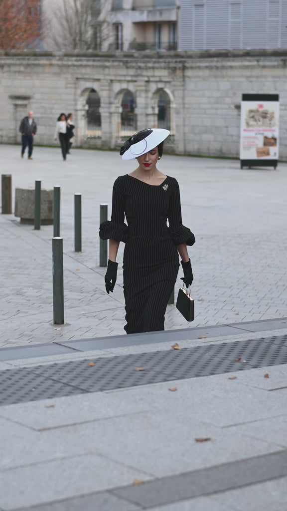 Mila pinstripe - wiggle pencil dress with pleated puff sleeves