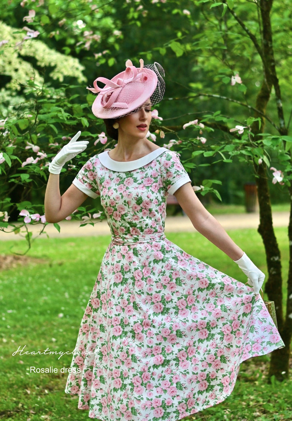 Rosalie - pink floral cotton swing dress 1950s inspired - heartmycloset