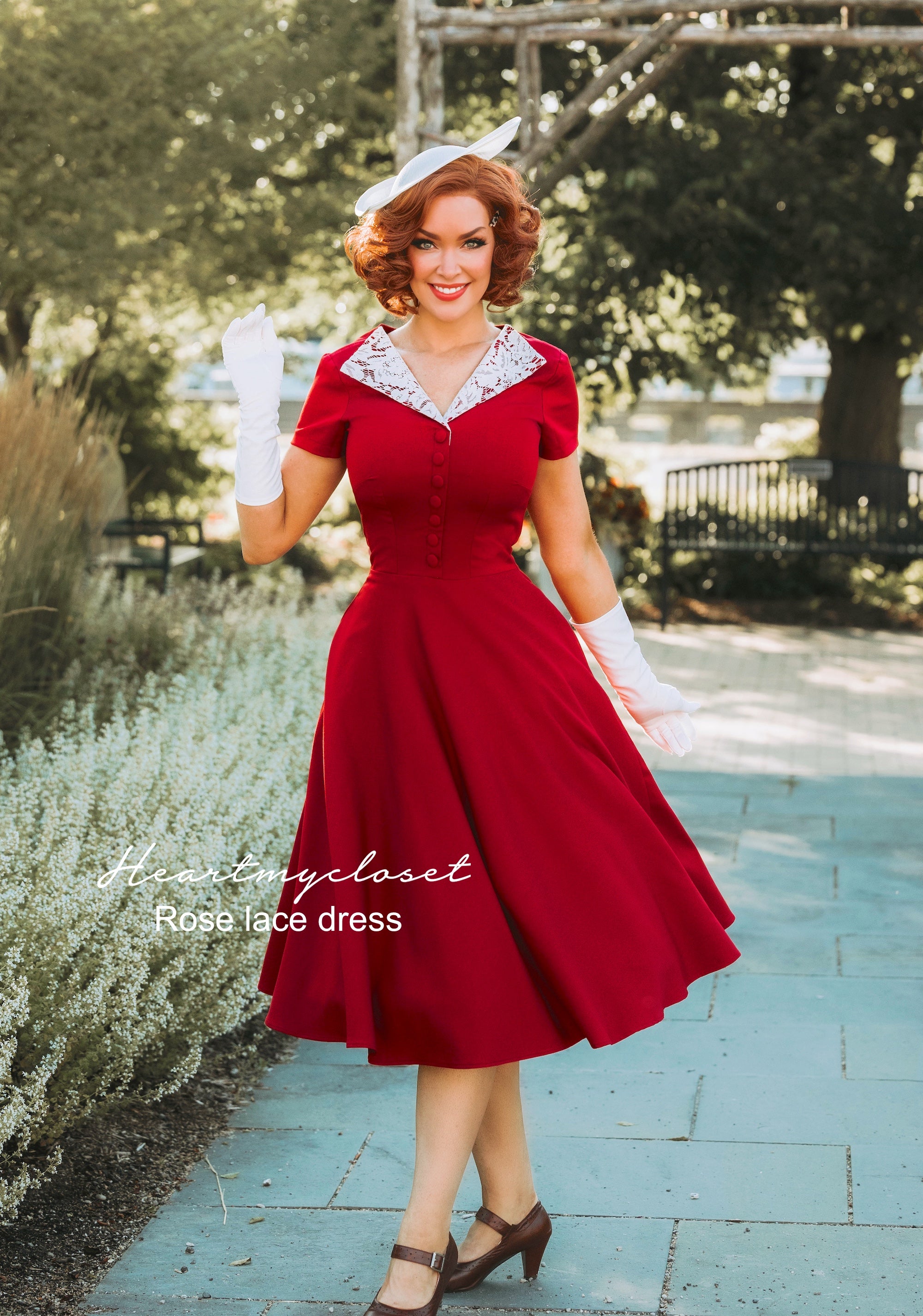 rose lace 1950s - retro vintage dress 50s Vintage Dress (Swing Skirt)