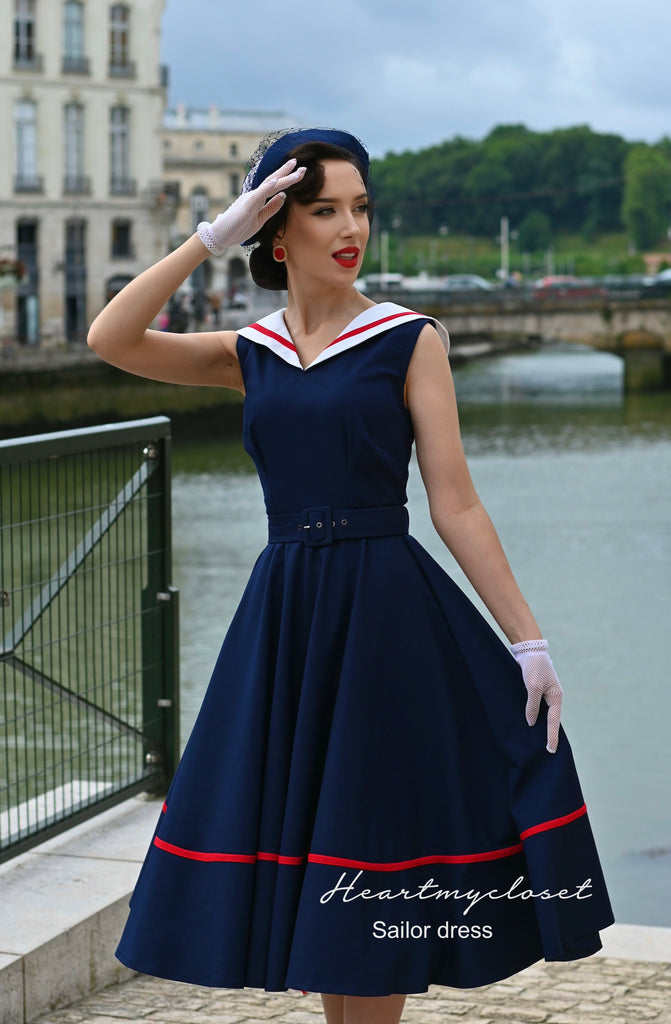 Sailor navy swing dress - 1950s inspired vintage