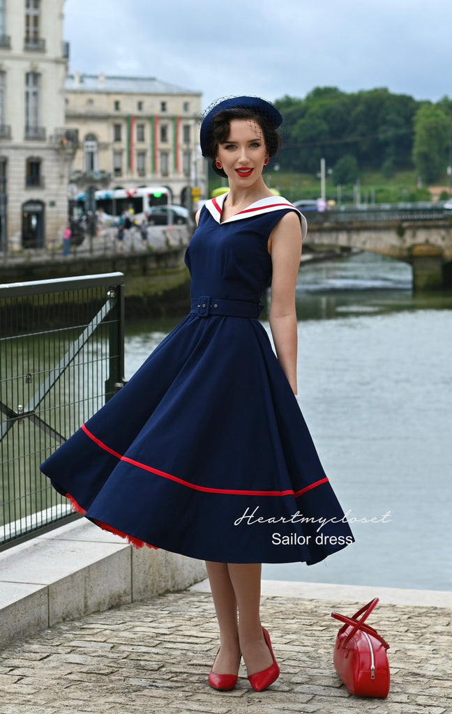 Sailor navy swing dress - 1950s inspired vintage