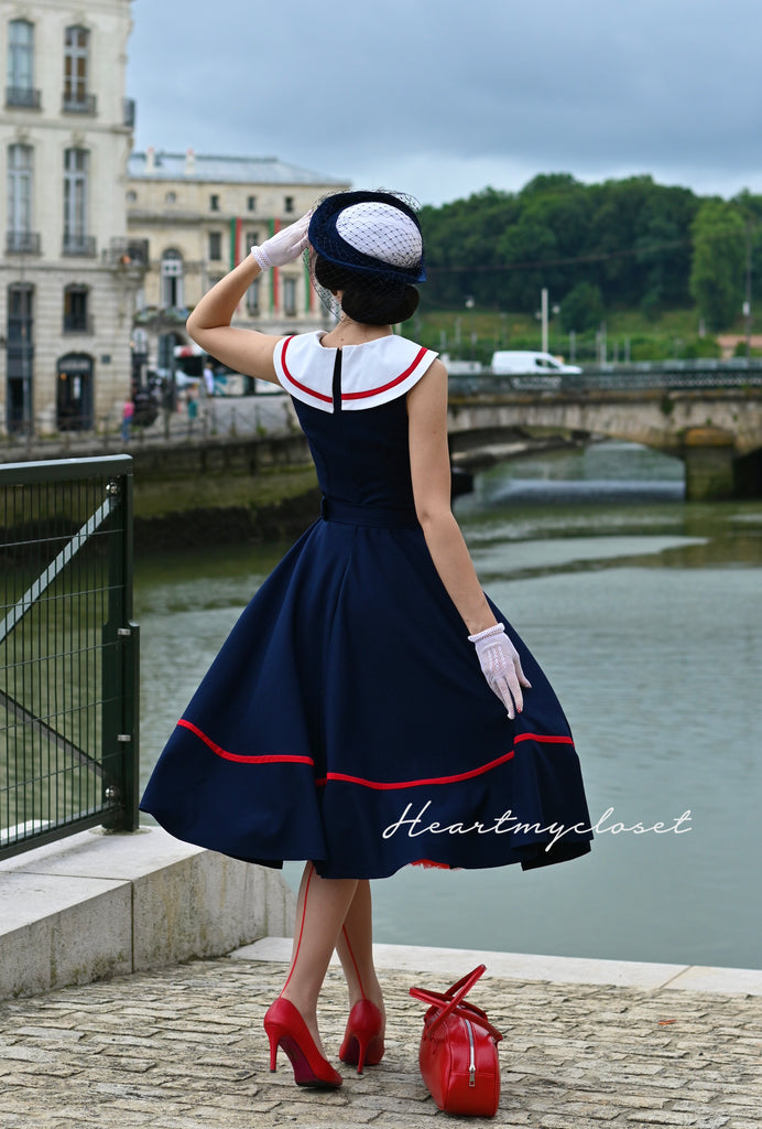Sailor navy swing dress - 1950s inspired vintage