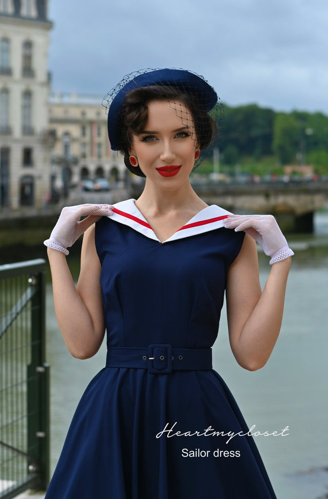 Sailor navy swing dress - 1950s inspired vintage
