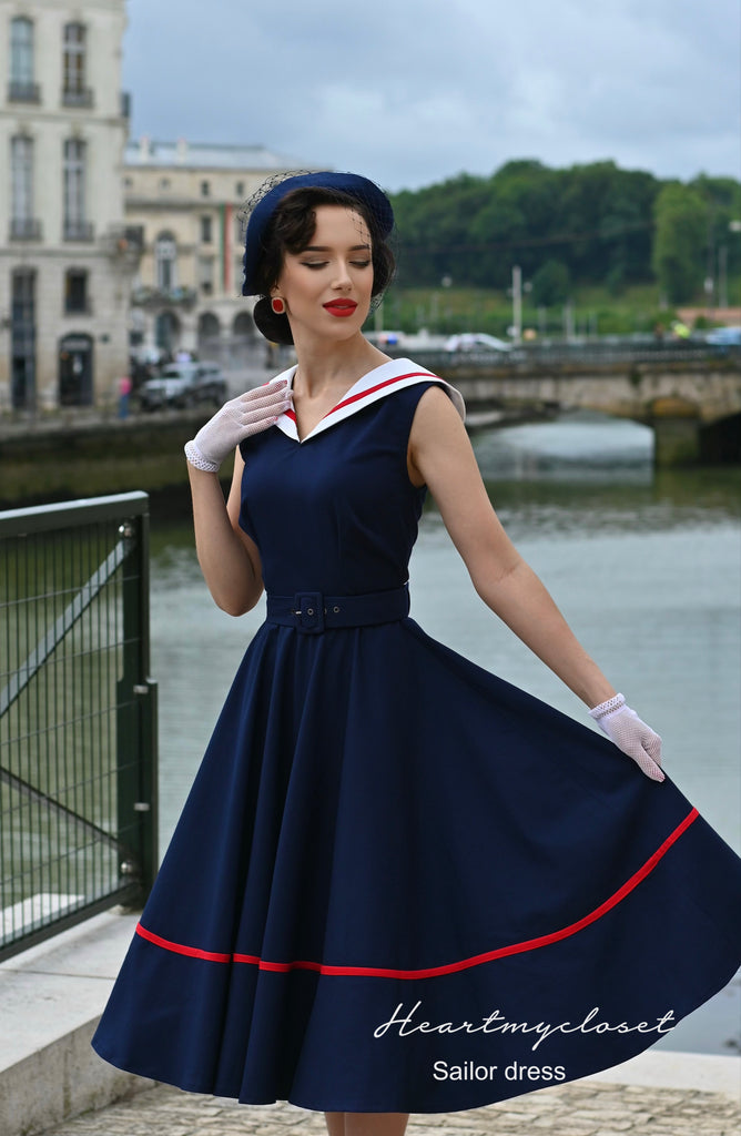 Sailor navy swing dress - 1950s inspired vintage