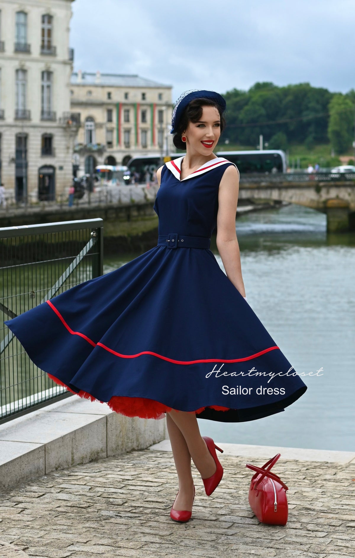 Sailor navy swing dress - 1950s inspired vintage - heartmycloset