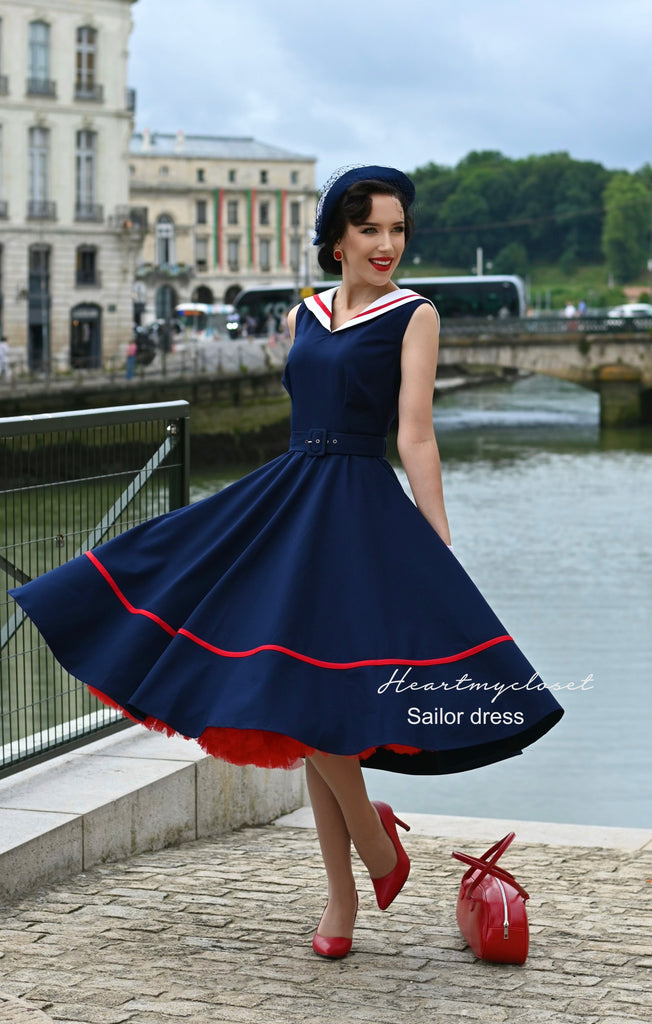 Sailor navy swing dress - 1950s inspired vintage