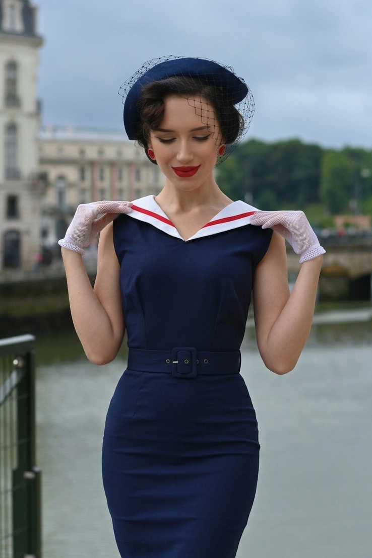 Sailor navy PENCIL dress - 1950s inspired vintage - heartmycloset