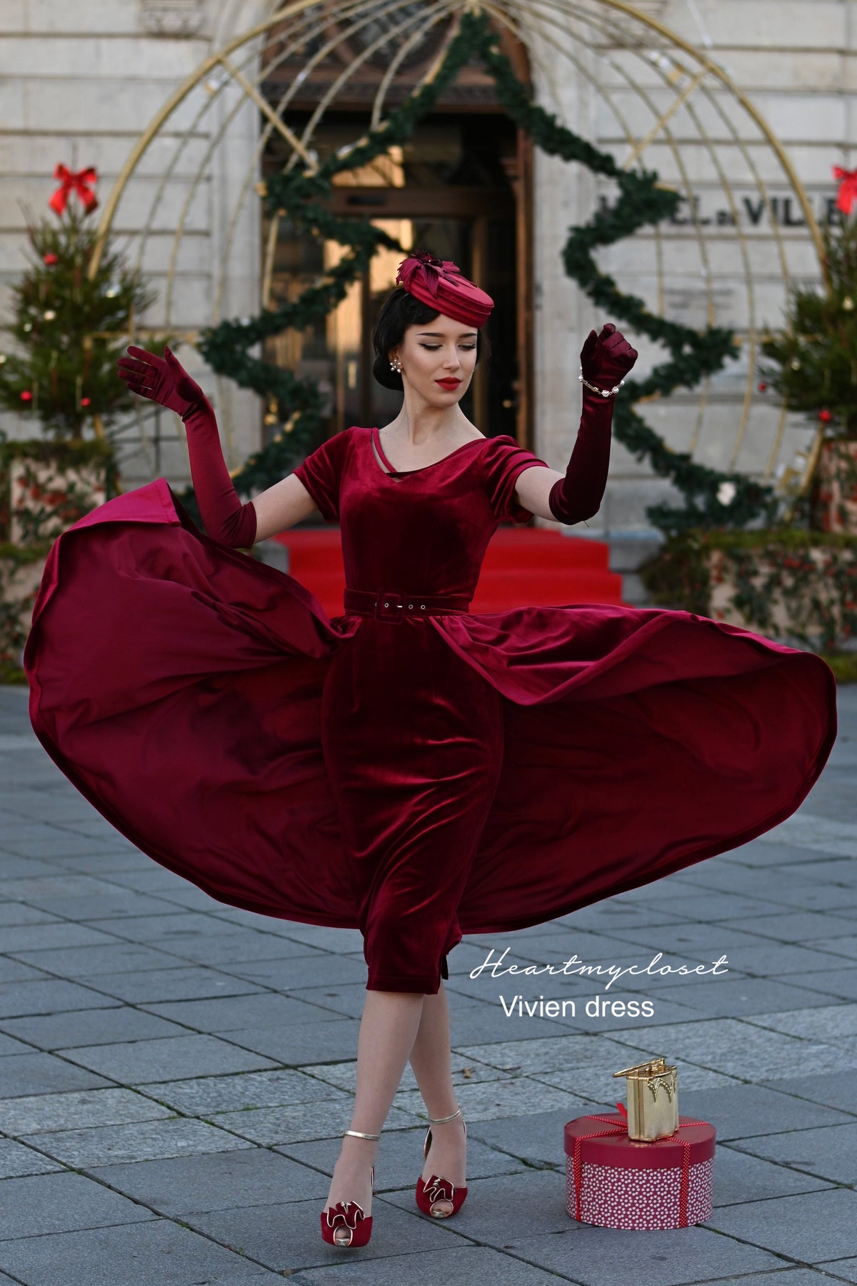 Vivien red velvet pencil dress + removable skirt wrap - heartmycloset