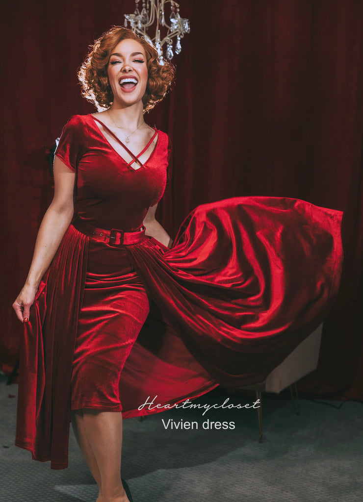 Vivien red velvet pencil dress + removable skirt wrap