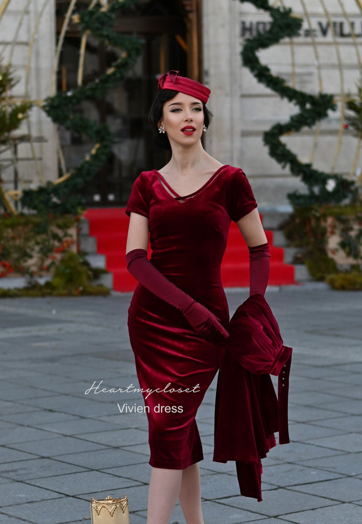 Vivien red velvet pencil dress + removable skirt wrap - heartmycloset