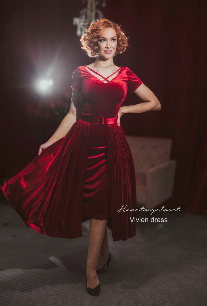 Vivien red velvet pencil dress + removable skirt wrap