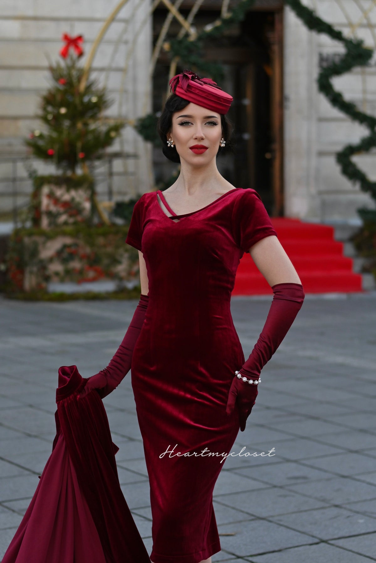 Vivien red velvet pencil dress + removable skirt wrap - heartmycloset