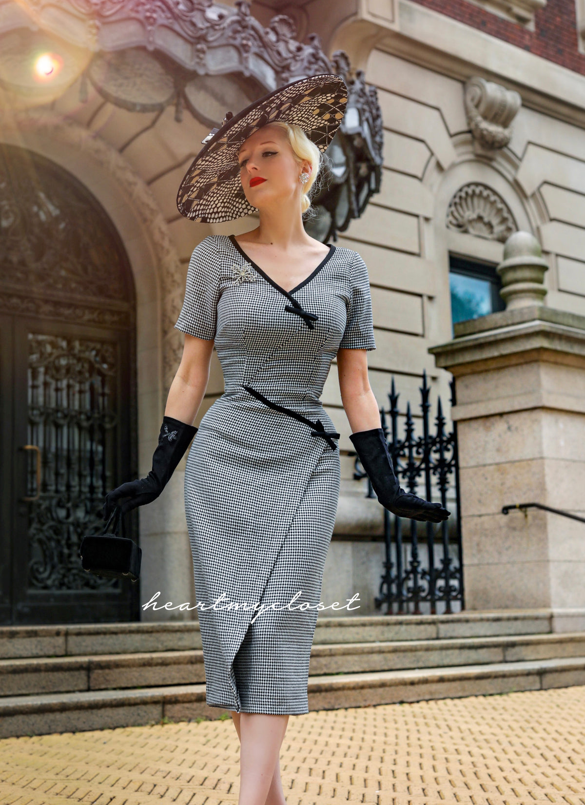 Ashley Houndstooth- retro vintage bow dress pencil - heartmycloset