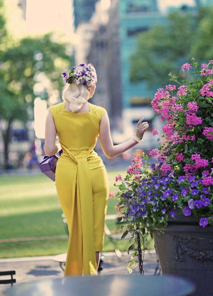 stunning yellow - pencil dress with sash - heartmycloset