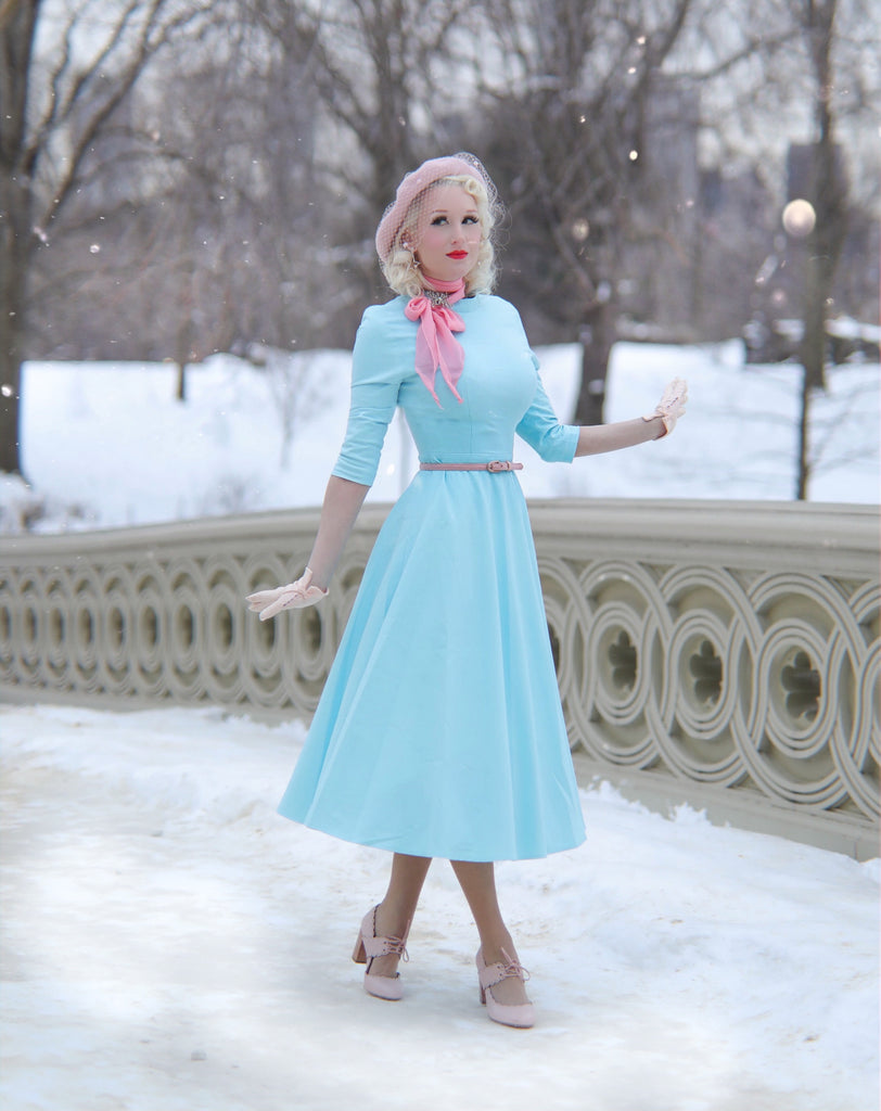 Mint blue pastel dress - swing dress with high collar