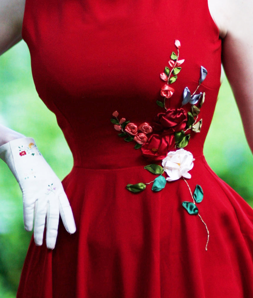 Red Camellia – 3D Ribbon Embroidery Dress