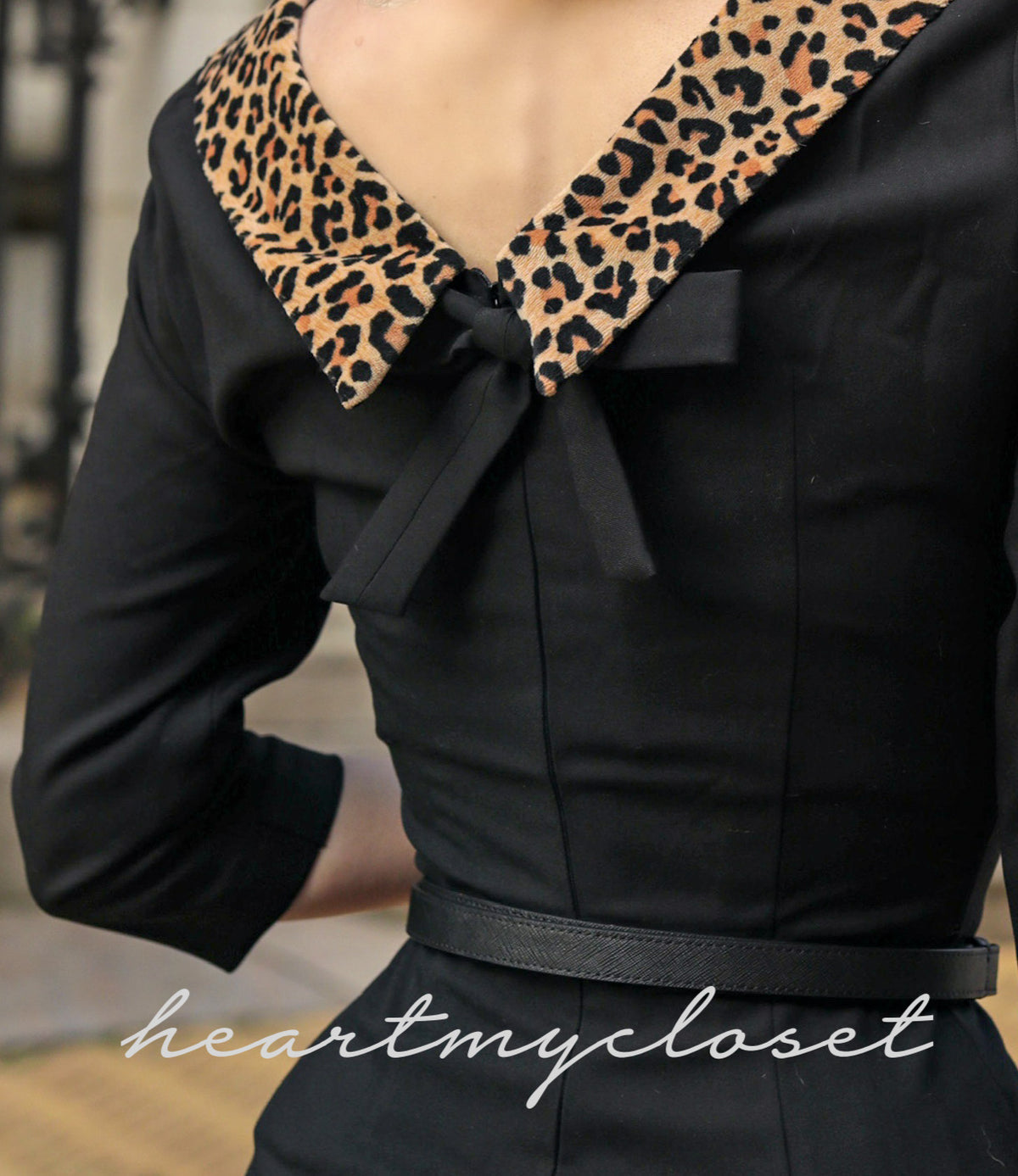 Dorothy leopard trim WITH BELT - retro vintage pencil dress bow back - heartmycloset