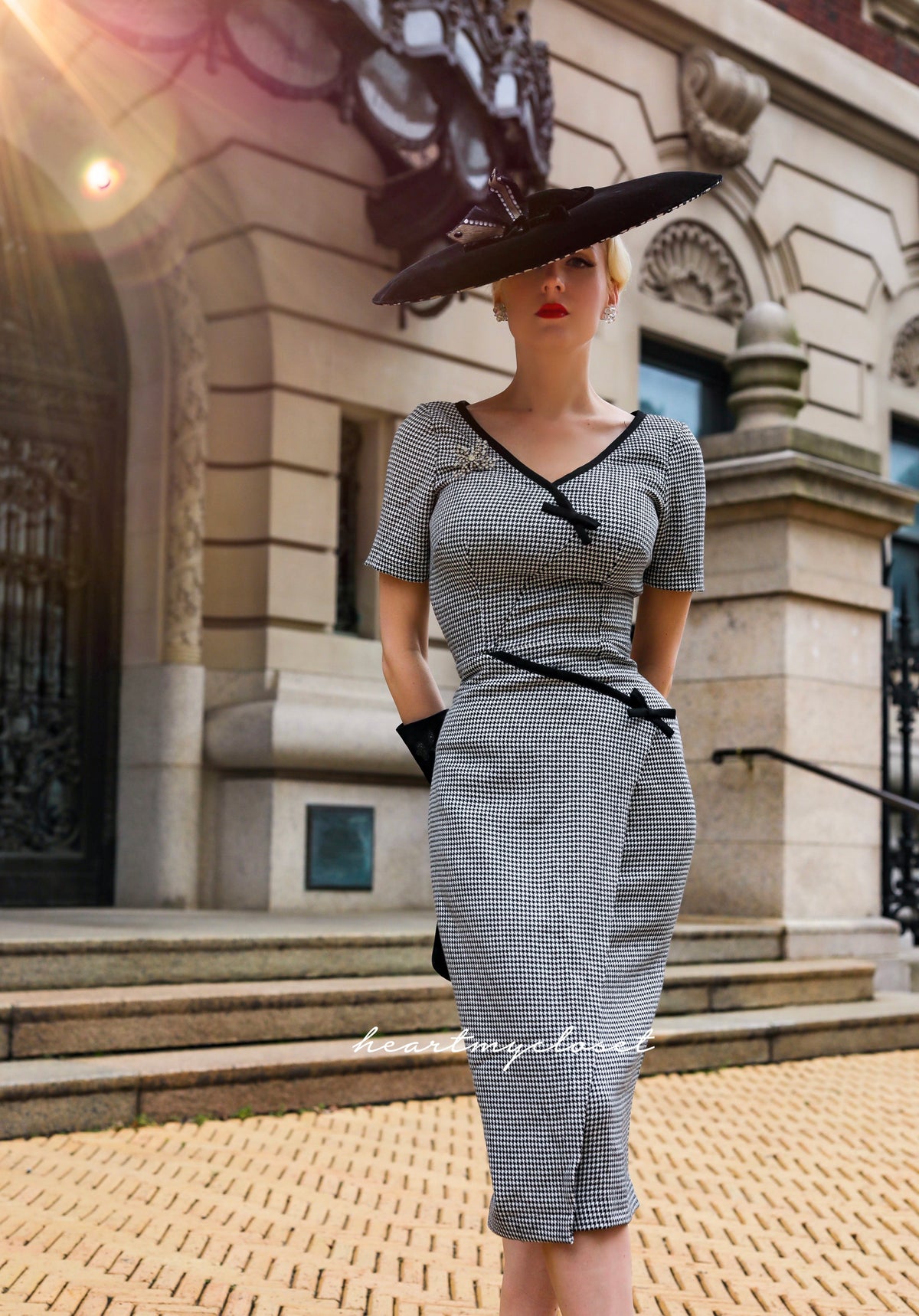 Ashley Houndstooth- retro vintage bow dress pencil - heartmycloset