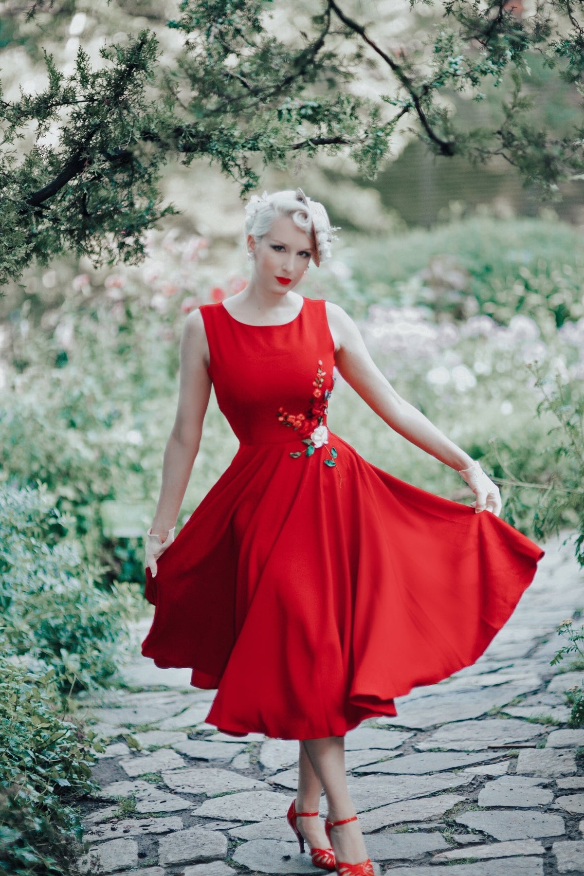red camellia - 3D ribbon embroidery dress - heartmycloset