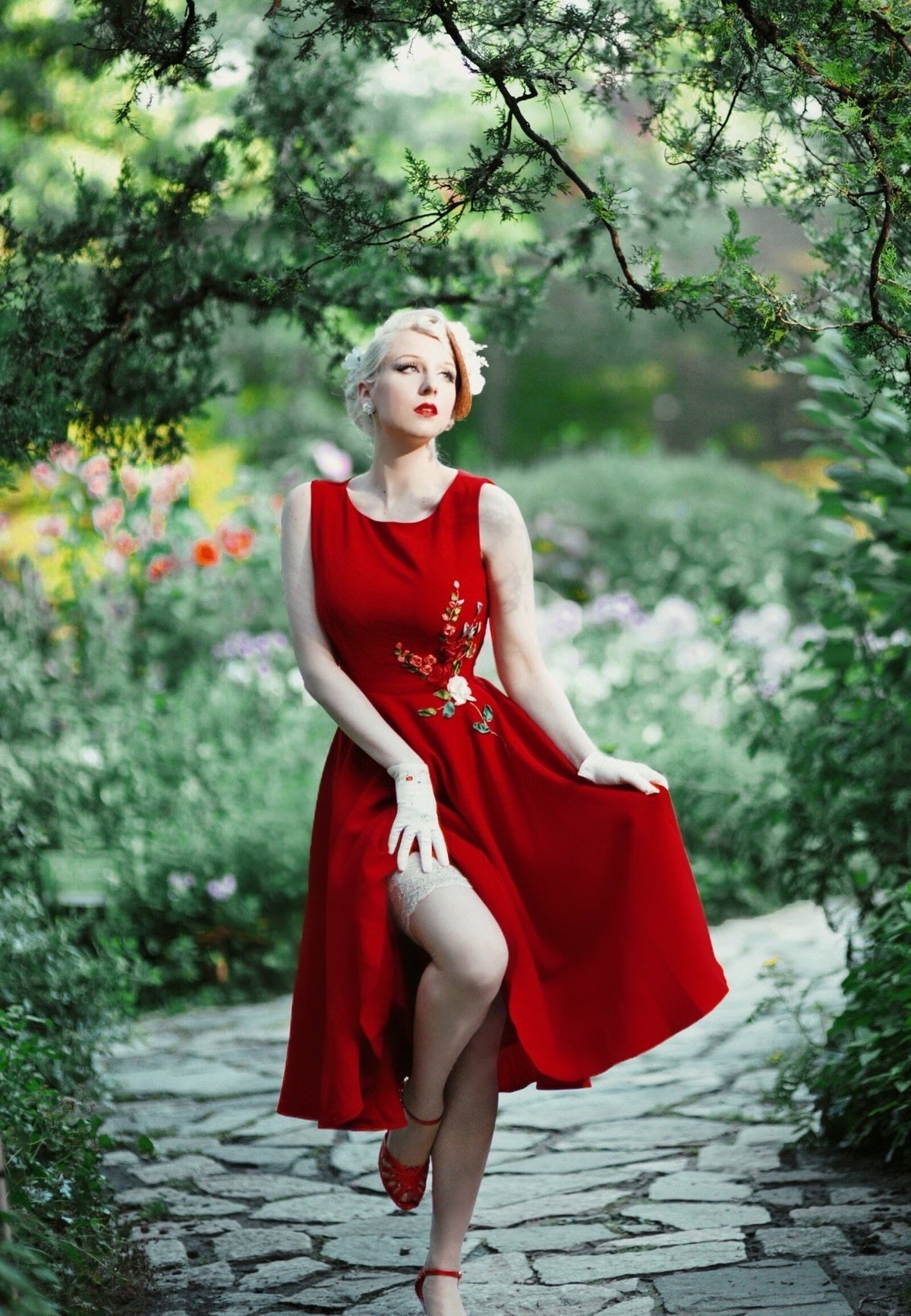 red camellia - 3D ribbon embroidery dress - heartmycloset