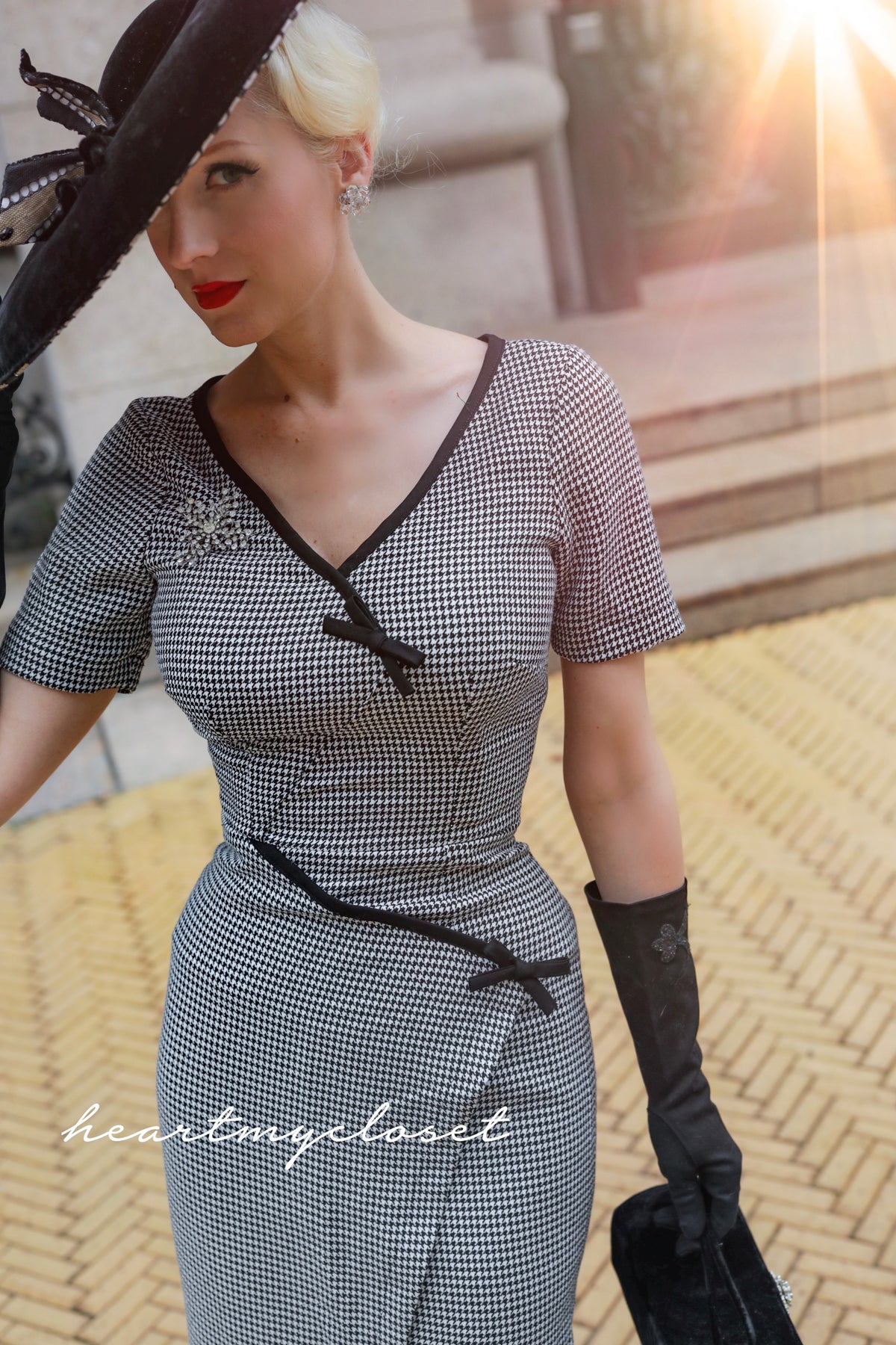 Ashley Houndstooth- retro vintage bow dress pencil - heartmycloset