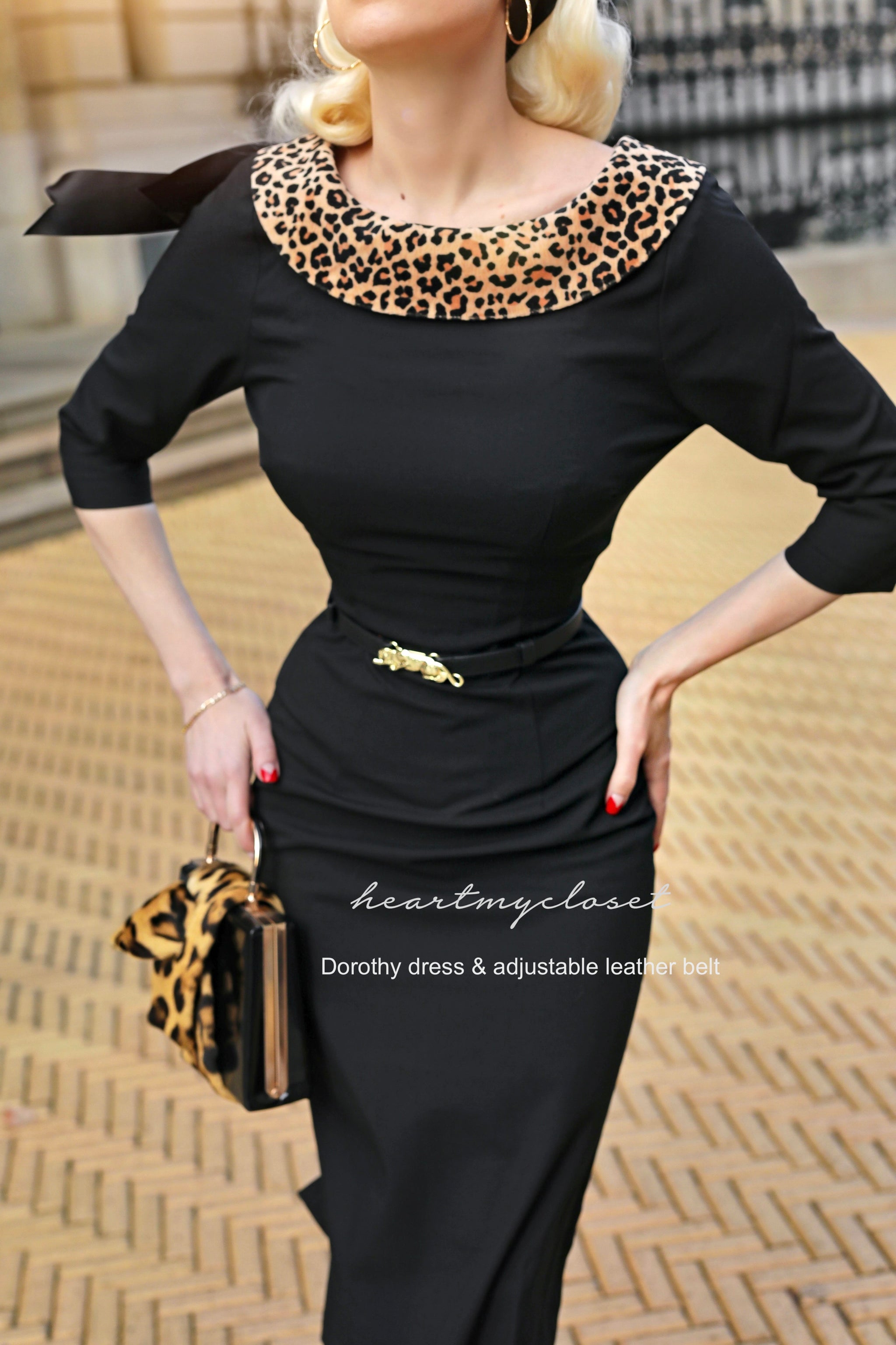 Dorothy leopard trim l 1950s Pencil Dress with Back Bow l