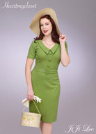 Vanessa - retro wiggle dress with V neck and covered buttons - heartmycloset
