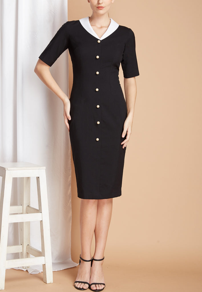 PEARL BUTTONS - Pencil dress with white contrast collar - heartmycloset