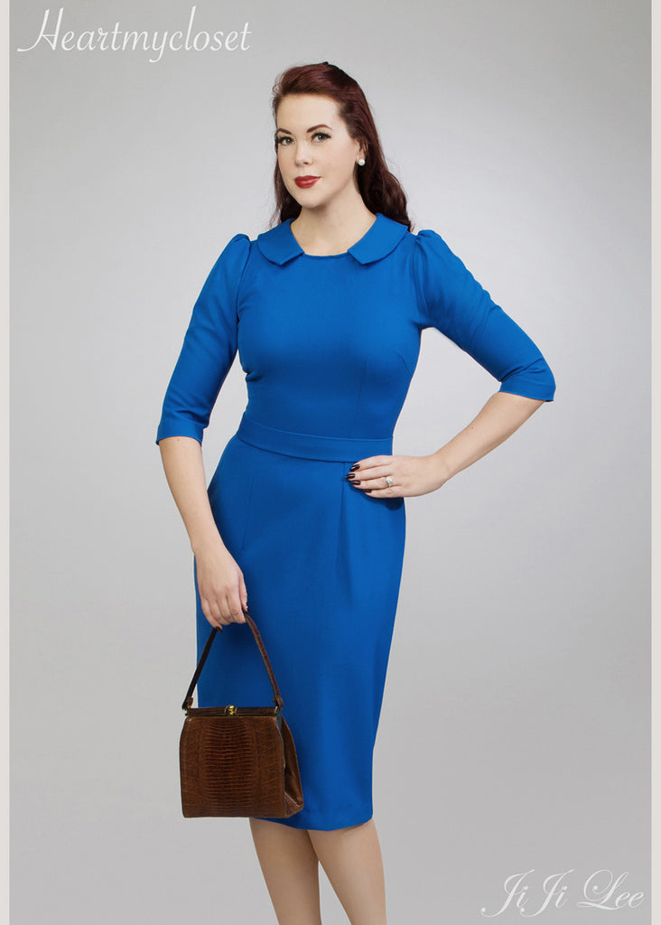 Kate Blue - blue wiggle dress with slight puff sleeves - heartmycloset