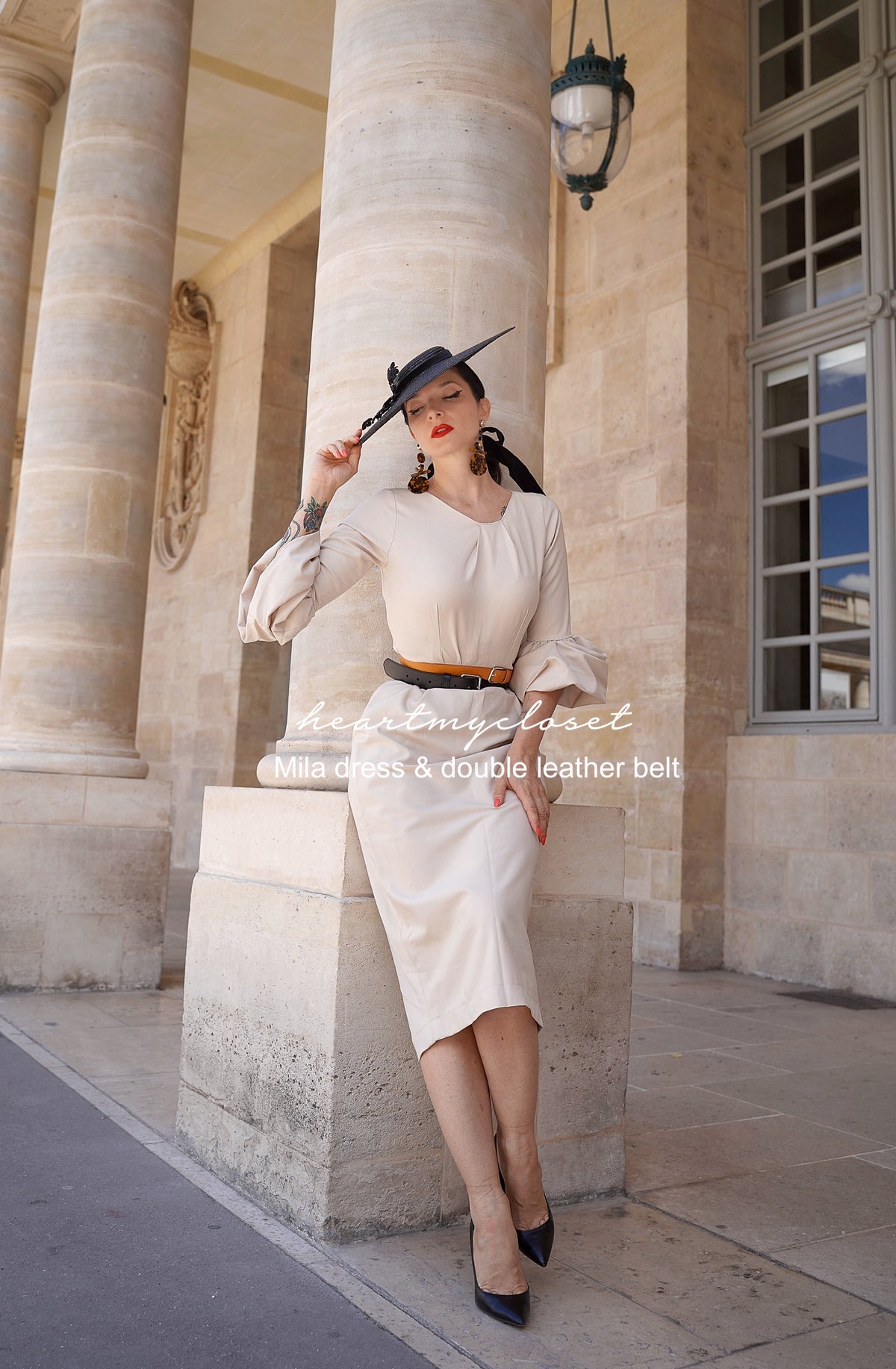 Mila - wiggle pencil dress with pleated puff sleeves - heartmycloset