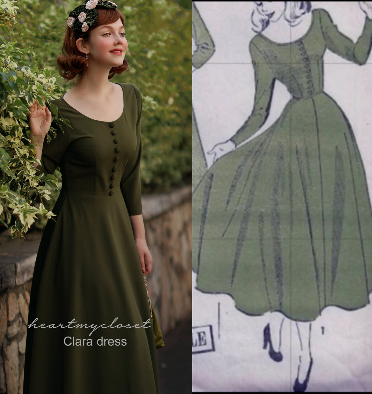 Clara - olive vintage swing dress 50s inspired - heartmycloset