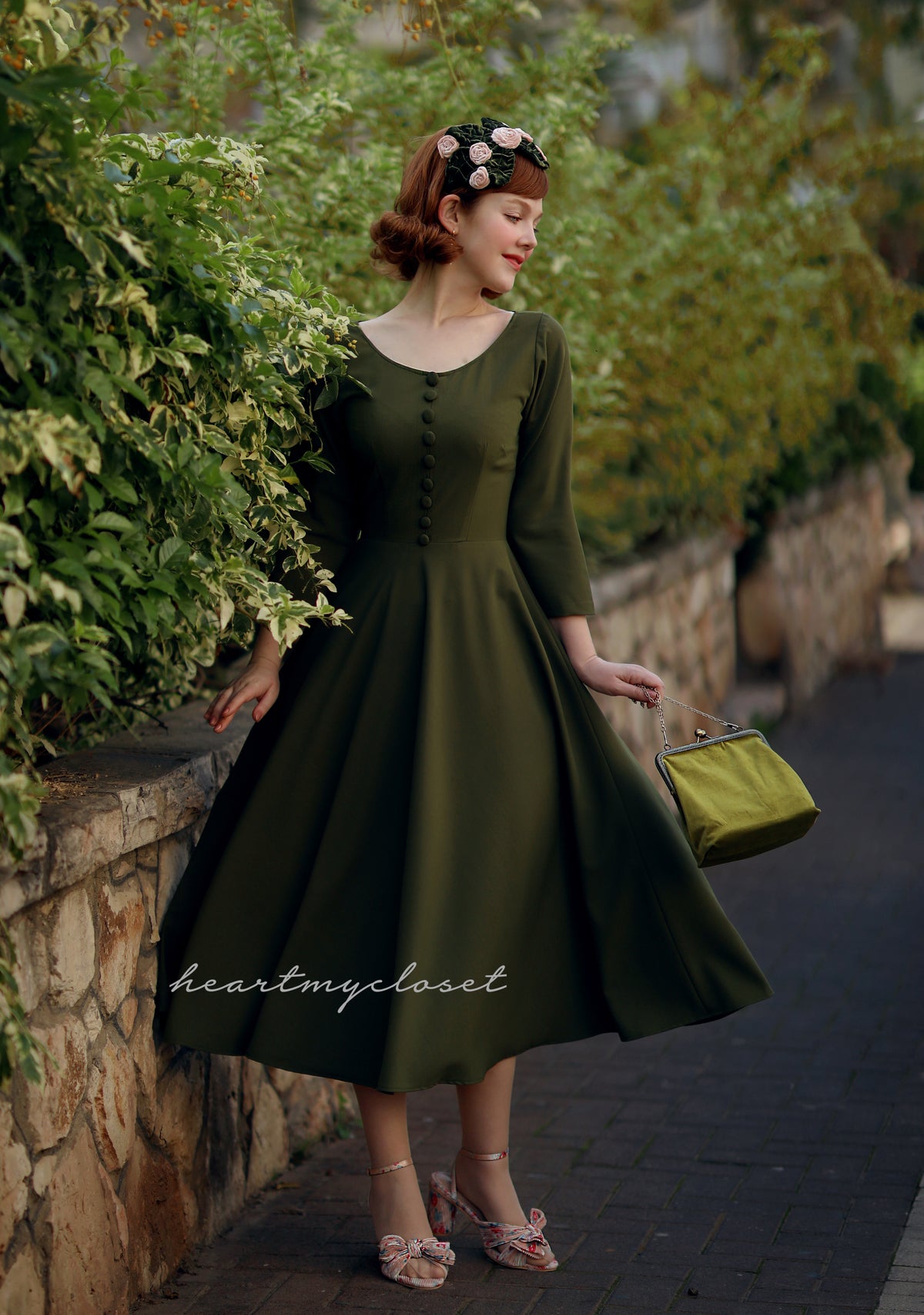 Clara - olive vintage swing dress 50s inspired - heartmycloset