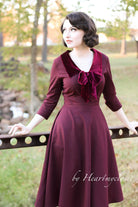 velvet trim burgundy dress - vintage inspired 50s - heartmycloset