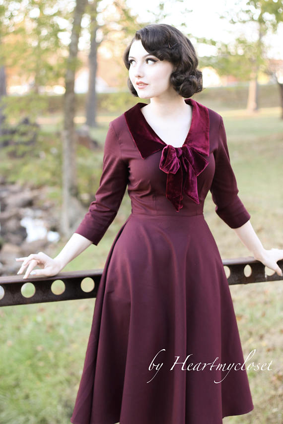 velvet trim burgundy dress - vintage inspired 50s - heartmycloset