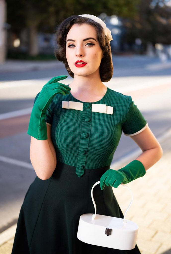 Checkered Green 1950s Dress with Bow | HeartMyCloset – heartmycloset