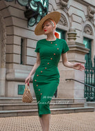 JILL- 1950s pencil dress with contrast trim & buttons - heartmycloset