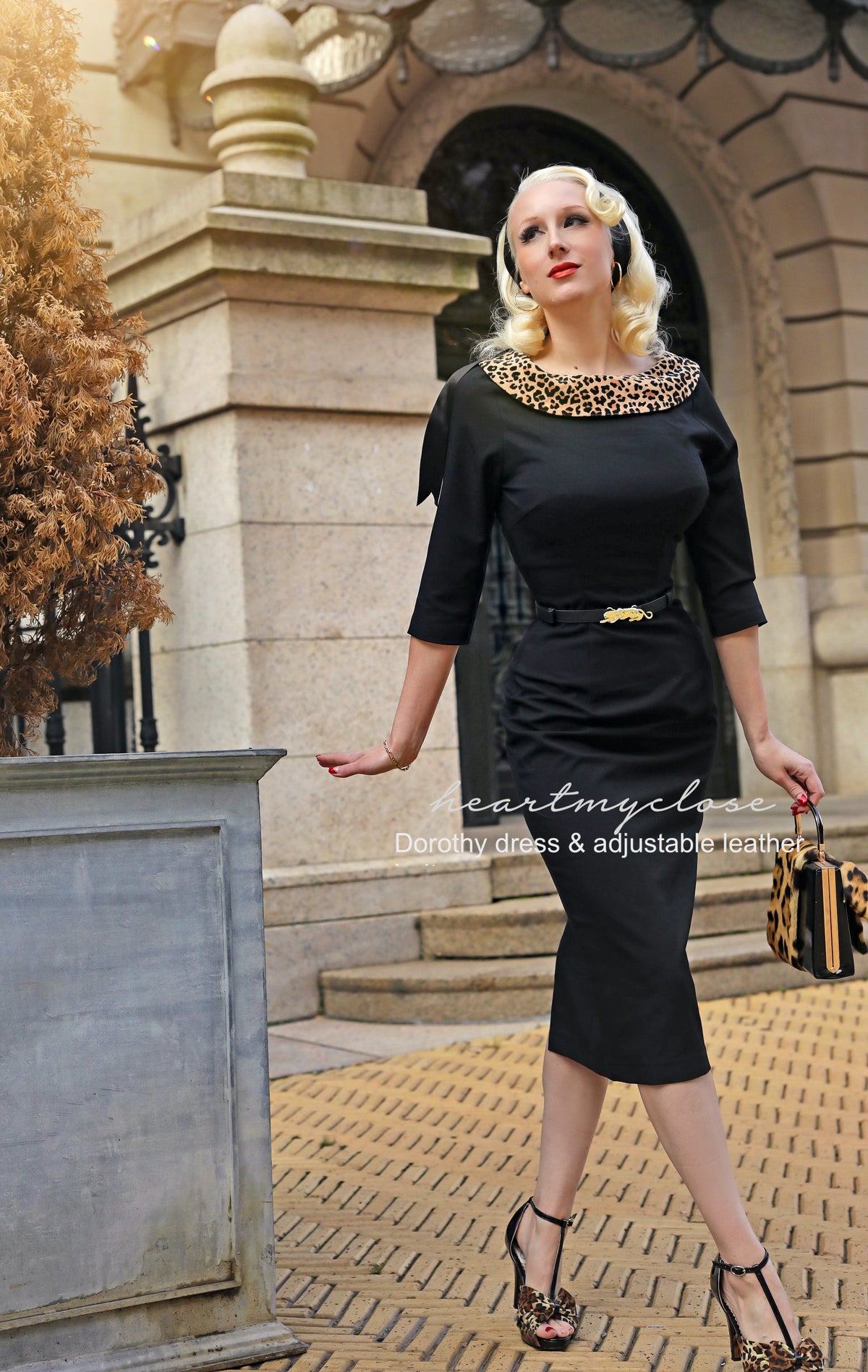 Dorothy leopard trim WITH BELT - retro vintage pencil dress bow back - heartmycloset