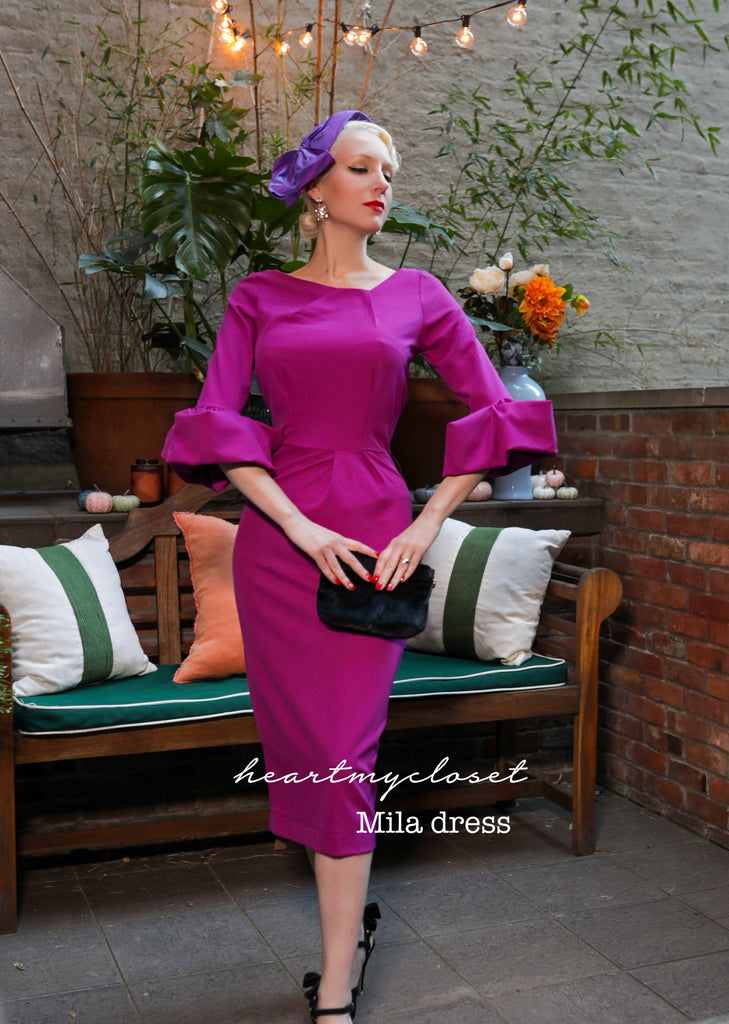 fuchsia Mila - wiggle pencil dress with pleated puff sleeves