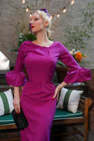 fuchsia Mila - wiggle pencil dress with pleated puff sleeves - heartmycloset