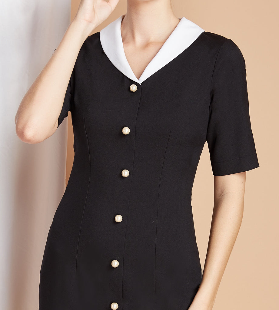 PEARL BUTTONS - Pencil dress with white contrast collar - heartmycloset