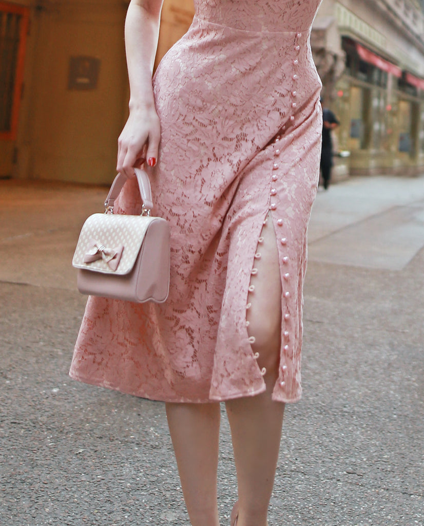 Abigail-3 -pink lace dress with pearl buttons - heartmycloset