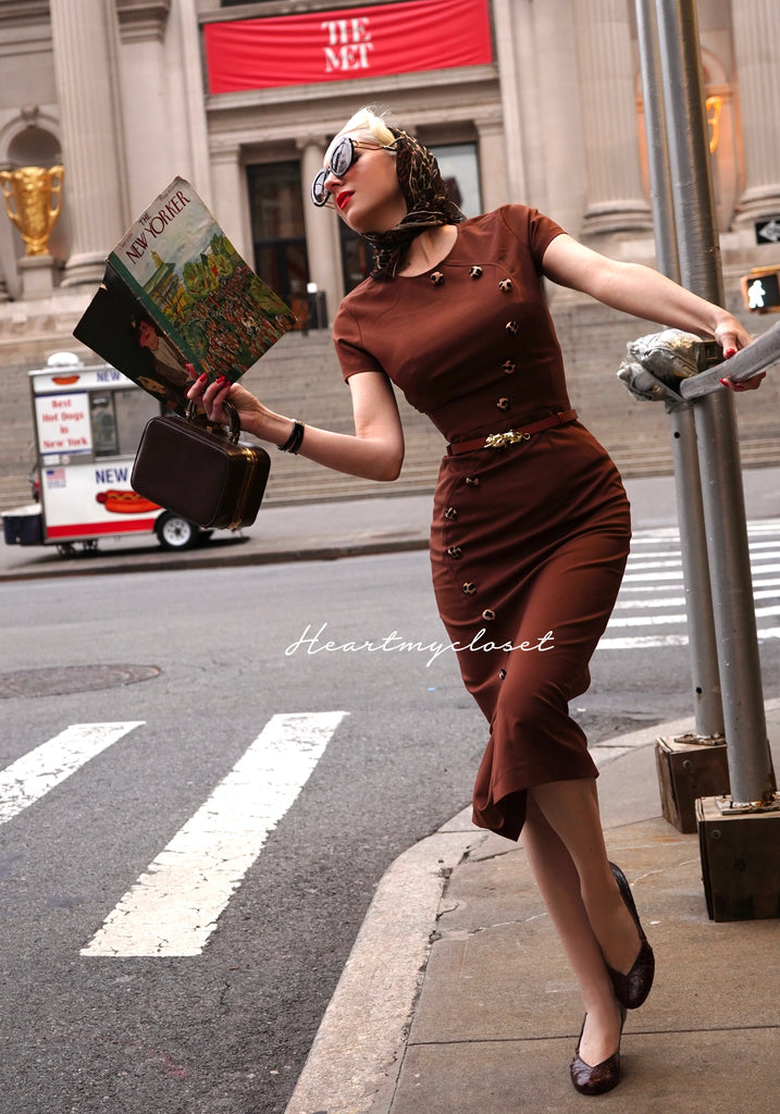 Gemma dress with leopard velvet and belt - retro vintage pencil