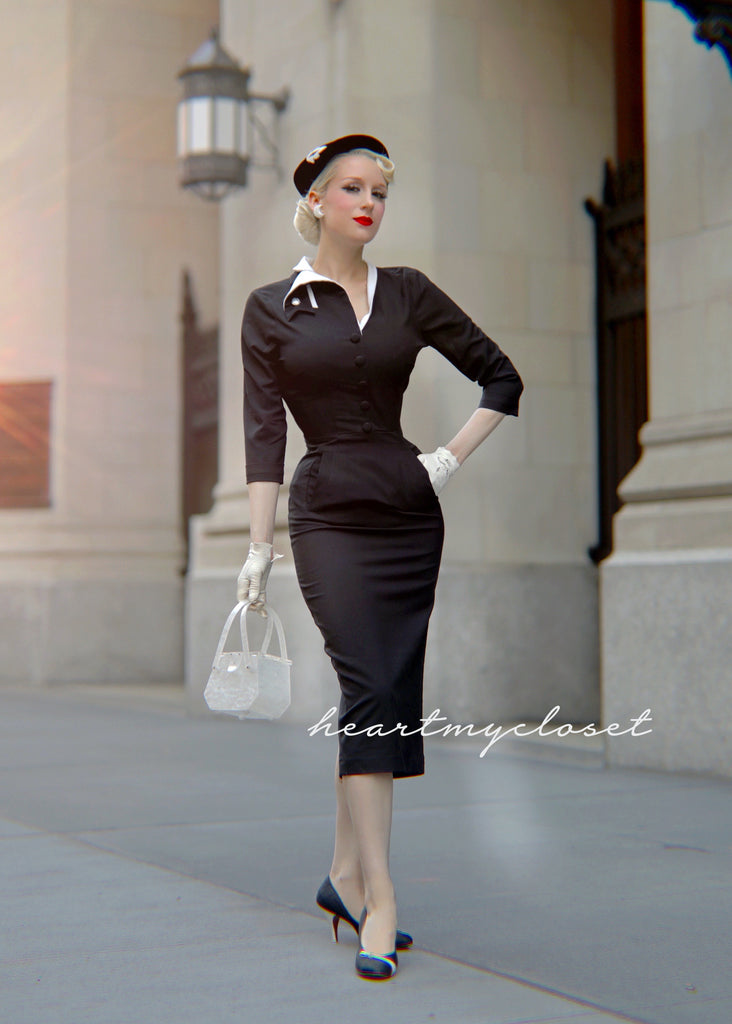 Curvy fit 1950s black cotton wiggle dress XS-S 35 bust 26 waist 38 hips