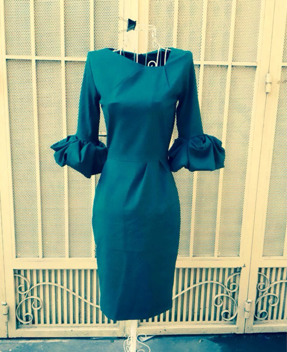 Mila - wiggle pencil dress with pleated puff sleeves - heartmycloset